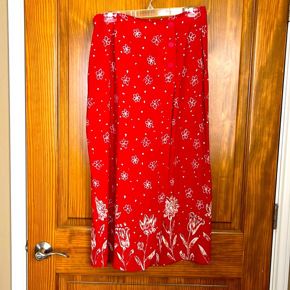 Mid length petite red shirt.  Nice for Christmas luncheon